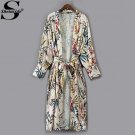 Floral Print Longline Women Kimono With Self Tie 2017 Autumn Long Sleeve Casual Kimono Ladies Vintag