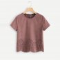 Pink Scallop Laser Cut Out Blouse Solid Button Back Short Sleeve Top 2018 Summer Women Office Ladies
