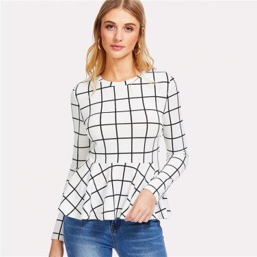 Black and White Plaid Ruffles Blouse Round Neck Grid Peplum Top 2018 Spring Women OL Work Long Sleev