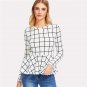 Black and White Plaid Ruffles Blouse Round Neck Grid Peplum Top 2018 Spring Women OL Work Long Sleev