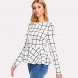 Black and White Plaid Ruffles Blouse Round Neck Grid Peplum Top 2018 Spring Women OL Work Long Sleev