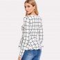Black and White Plaid Ruffles Blouse Round Neck Grid Peplum Top 2018 Spring Women OL Work Long Sleev