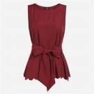Burgundy Scallop Hem Self Belted Shell Sleeveless Blouse Ladies Round Neck Elegant Top With Bow Work