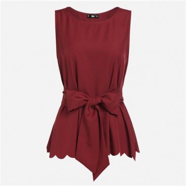 Burgundy Scallop Hem Self Belted Shell Sleeveless Blouse Ladies Round Neck Elegant Top With Bow Work