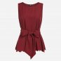 Burgundy Scallop Hem Self Belted Shell Sleeveless Blouse Ladies Round Neck Elegant Top With Bow Work