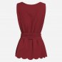 Burgundy Scallop Hem Self Belted Shell Sleeveless Blouse Ladies Round Neck Elegant Top With Bow Work