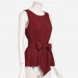 Burgundy Scallop Hem Self Belted Shell Sleeveless Blouse Ladies Round Neck Elegant Top With Bow Work