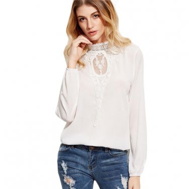 Women Fall Tops New Women Shirts Blouses European Style Elegant Blouse Contrast Lace Crochet Trim Bl