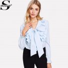 Exaggerate Bow Tie Neck Ruffle Trim Top 2018 New Spring Button Flounce Sleeve Stand Collar Elegant B