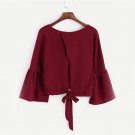 Flare Sleeve Blouse Women Burgundy Elegant Bow Tie Back Casual Summer Tops 2017 Fashion New Sexy Cut