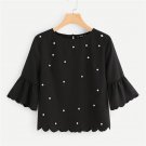 Black Pearl Beading Blouse Women Flare Half Sleeve Scalloped Casual Top 2018 Spring Office Work Wear