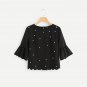 Black Pearl Beading Blouse Women Flare Half Sleeve Scalloped Casual Top 2018 Spring Office Work Wear