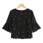 Black Pearl Beading Blouse Women Flare Half Sleeve Scalloped Casual Top 2018 Spring Office Work Wear