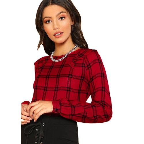 Boat Neck Long Sleeve Blouse Women Red Ruffle Shoulder Plaid Top With Button Girl School Gingham Blo