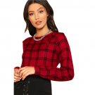 Boat Neck Long Sleeve Blouse Women Red Ruffle Shoulder Plaid Top With Button Girl School Gingham Blo