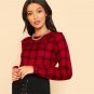 Boat Neck Long Sleeve Blouse Women Red Ruffle Shoulder Plaid Top With Button Girl School Gingham Blo