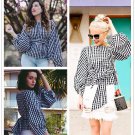 Cute Plaid Shirt Autumn Women Shirts Black And White Bow Front Tops Lantern Sleeve Blouses 2017 Fall