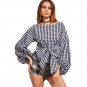 Cute Plaid Shirt Autumn Women Shirts Black And White Bow Front Tops Lantern Sleeve Blouses 2017 Fall