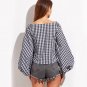 Cute Plaid Shirt Autumn Women Shirts Black And White Bow Front Tops Lantern Sleeve Blouses 2017 Fall