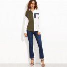 Female Color Block Lapel with Pocket Long Sleeve Tops Women Patchwork Shirt Business Wear Blouse