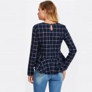 Ruffle Curved Hem Plaid Cotton Peplum Blouse 2017 Navy Round Neck Long Sleeve Ruffle Top Ladies Eleg