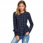 Ruffle Curved Hem Plaid Cotton Peplum Blouse 2017 Navy Round Neck Long Sleeve Ruffle Top Ladies Eleg