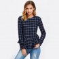 Ruffle Curved Hem Plaid Cotton Peplum Blouse 2017 Navy Round Neck Long Sleeve Ruffle Top Ladies Eleg