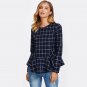 Ruffle Curved Hem Plaid Cotton Peplum Blouse 2017 Navy Round Neck Long Sleeve Ruffle Top Ladies Eleg