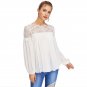 Long Sleeve Blouse White Round Neck Contrast Lace Elegant Top Women Guipure Lace Yoke Semi Sheer Smo