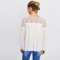 Long Sleeve Blouse White Round Neck Contrast Lace Elegant Top Women Guipure Lace Yoke Semi Sheer Smo