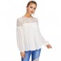 Long Sleeve Blouse White Round Neck Contrast Lace Elegant Top Women Guipure Lace Yoke Semi Sheer Smo