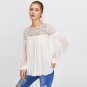 Long Sleeve Blouse White Round Neck Contrast Lace Elegant Top Women Guipure Lace Yoke Semi Sheer Smo