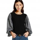 Plaid Frilled Gigot Sleeve Patchwork Blouse Round Neck Puff Sleeve Top With Button 2017 Long Sleeve 