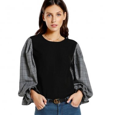 Plaid Frilled Gigot Sleeve Patchwork Blouse Round Neck Puff Sleeve Top With Button 2017 Long Sleeve 