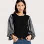 Plaid Frilled Gigot Sleeve Patchwork Blouse Round Neck Puff Sleeve Top With Button 2017 Long Sleeve