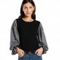 Plaid Frilled Gigot Sleeve Patchwork Blouse Round Neck Puff Sleeve Top With Button 2017 Long Sleeve