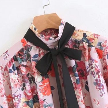 Casual Tie Neck Bow Floral Print Blouse 2018 Spring Long Sleeve OL Work Top Blouse Women Elegant Ove