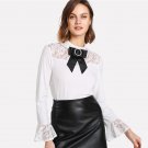 White Contrast Lace Blouse  Stand Collar Regular Fit Long Sleeve Top 2018 Spring Women OL Work Elega