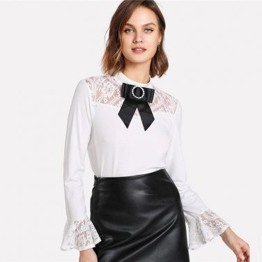 White Contrast Lace Blouse  Stand Collar Regular Fit Long Sleeve Top 2018 Spring Women OL Work Elega