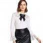 White Contrast Lace Blouse Stand Collar Regular Fit Long Sleeve Top 2018 Spring Women OL Work Elega