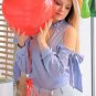 Fall Women Clothes Womens Long Sleeve Top Brand Blue Vertical Striped Ruffle Collar Cold Shoulder Bl