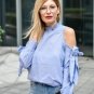 Fall Women Clothes Womens Long Sleeve Top Brand Blue Vertical Striped Ruffle Collar Cold Shoulder Bl
