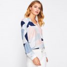 Autumn Abstract Geo Print Patchwork Ladies Blouse Women\'s V Neck Long Sleeve Casual 2017 Fall Colla