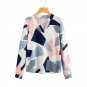Autumn Abstract Geo Print Patchwork Ladies Blouse Women\'s V Neck Long Sleeve Casual 2017 Fall Colla