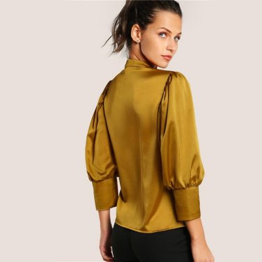 Silk Blouse Puff Sleeve Slim Fit Blouse Yellow Shirt Women Long Sleeve Elegant Blouse 2017 Ladies Wo