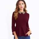 Burgundy Beading Collar Peplum Blouse 2017 Contrast Collar 3/4 Sleeve Zipper Plain Top Women Elegant