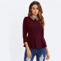 Burgundy Beading Collar Peplum Blouse 2017 Contrast Collar 3/4 Sleeve Zipper Plain Top Women Elegant