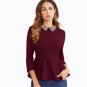 Burgundy Beading Collar Peplum Blouse 2017 Contrast Collar 3/4 Sleeve Zipper Plain Top Women Elegant
