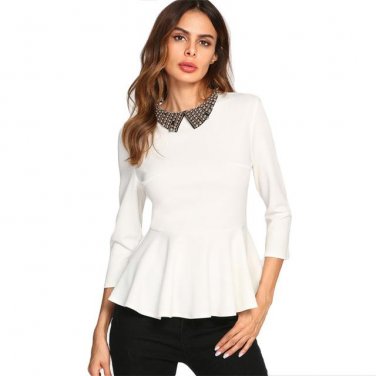 Beading Collar Peplum Blouse White Peter Pan Collar 3/4 Sleeve Ruffle Top With Zip Women Elegant Blo