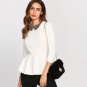 Beading Collar Peplum Blouse White Peter Pan Collar 3/4 Sleeve Ruffle Top With Zip Women Elegant Blo